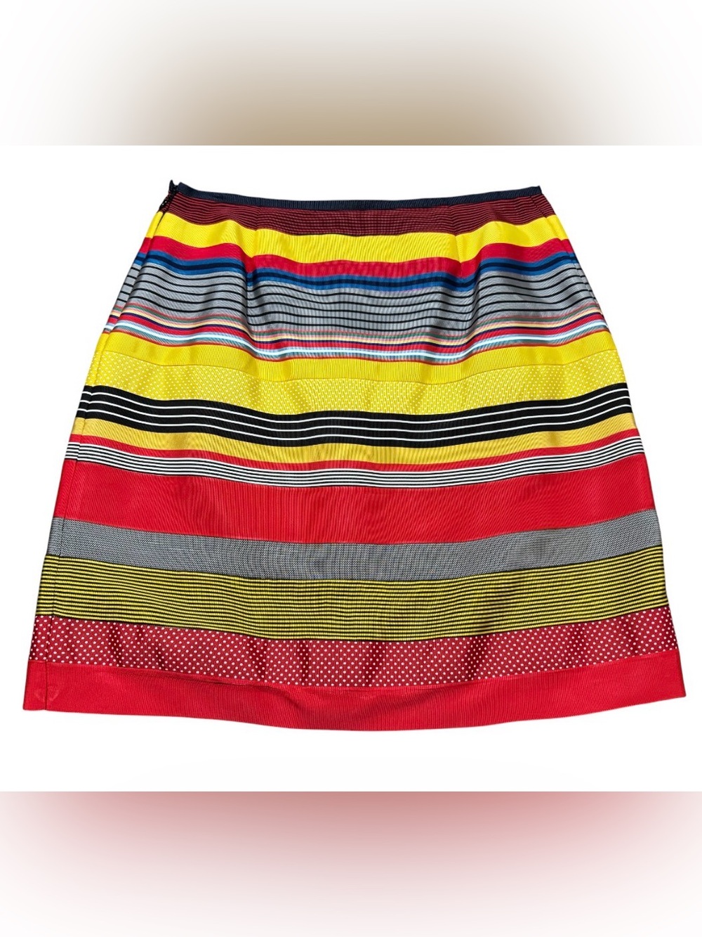 J. McLaughlin Multi Color Ribbon Lined Skirt Patchwork Stripe Front Zip Size 10